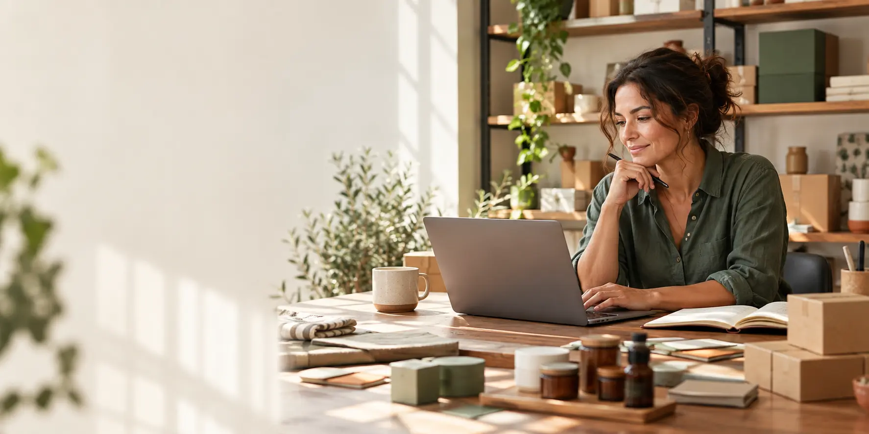 Business owner reviewing product and workflow notes at a laptop